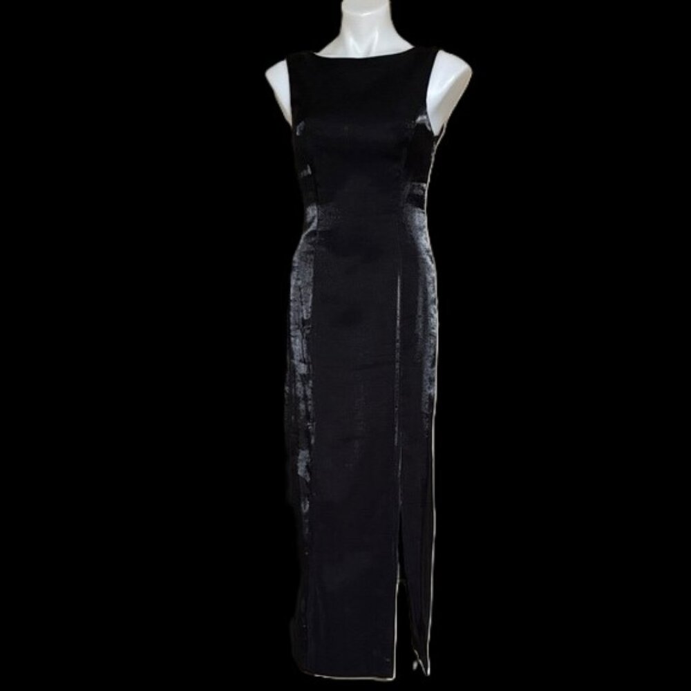 Vintage Metallic Maxi Dress Black / Charcoal Silver; Shimmery; Cutout Back; Sz 2